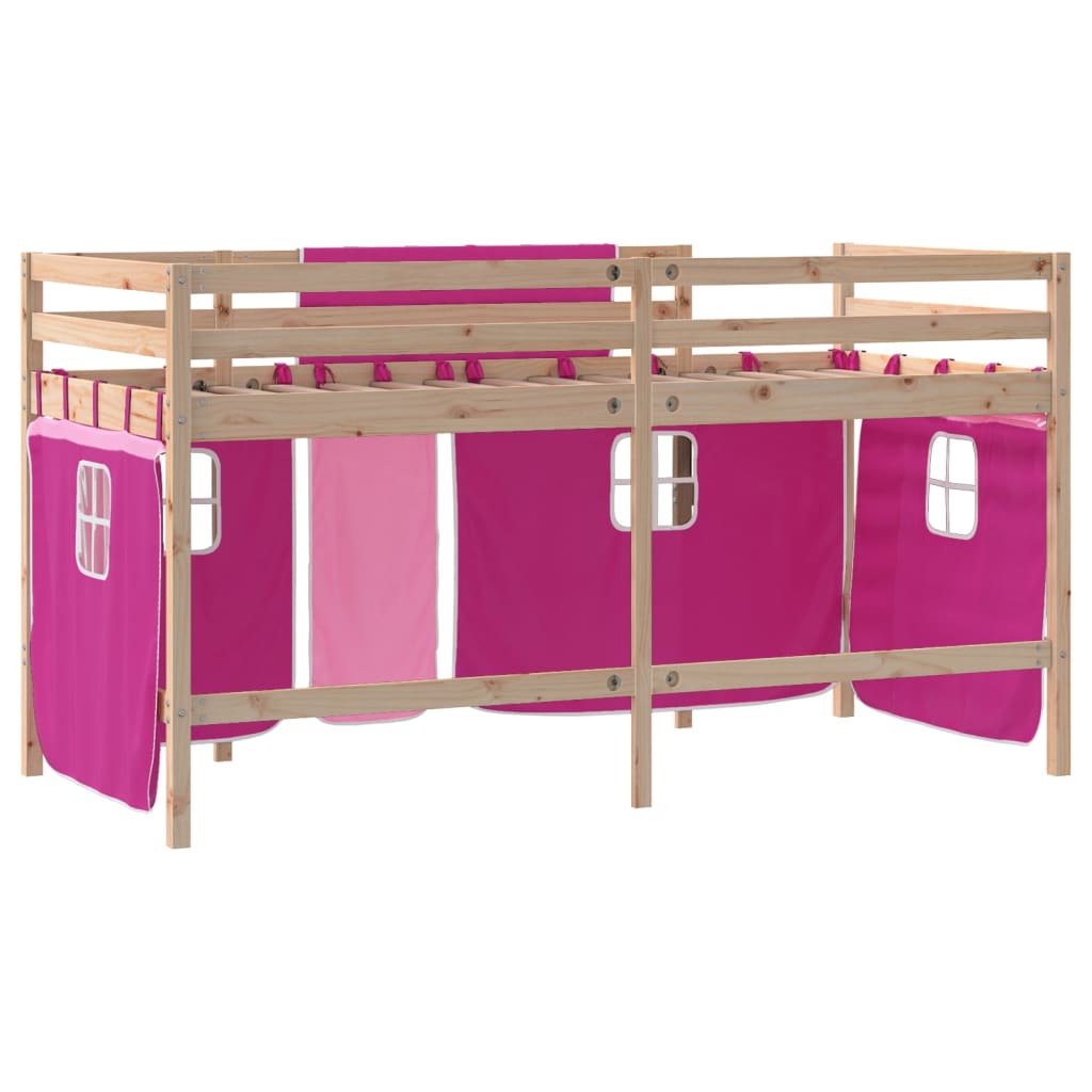 Letto a Soppalco con Tende Bambini Rosa 80x200 cm Massello Pino