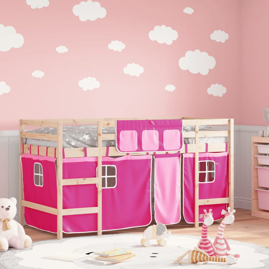 Letto a Soppalco con Tende Bambini Rosa 80x200 cm Massello Pino