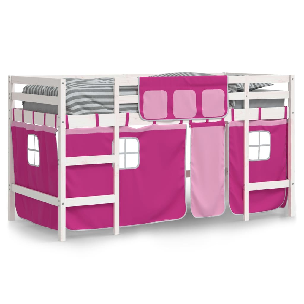 Letto a Soppalco con Tende Bambini Rosa 80x200 cm Massello Pino