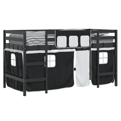 Letto a Soppalco con Tende Bambini Bianco e Nero 80x200 cm Pino