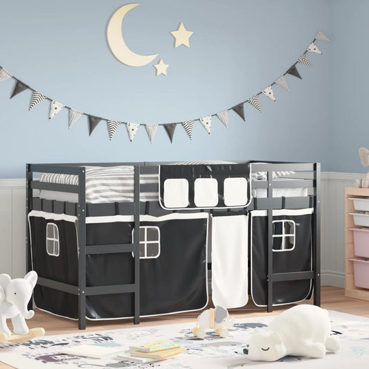 Loft Bed with Black and White Children's Curtains 80x200 cm Pine