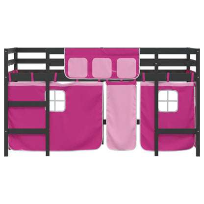 Letto a Soppalco con Tende Bambini Rosa 80x200 cm Massello Pino