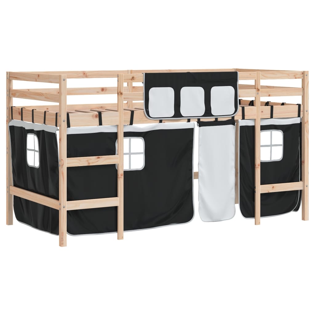 Letto a Soppalco con Tende Bambini Bianco e Nero 90x200 cm Pino