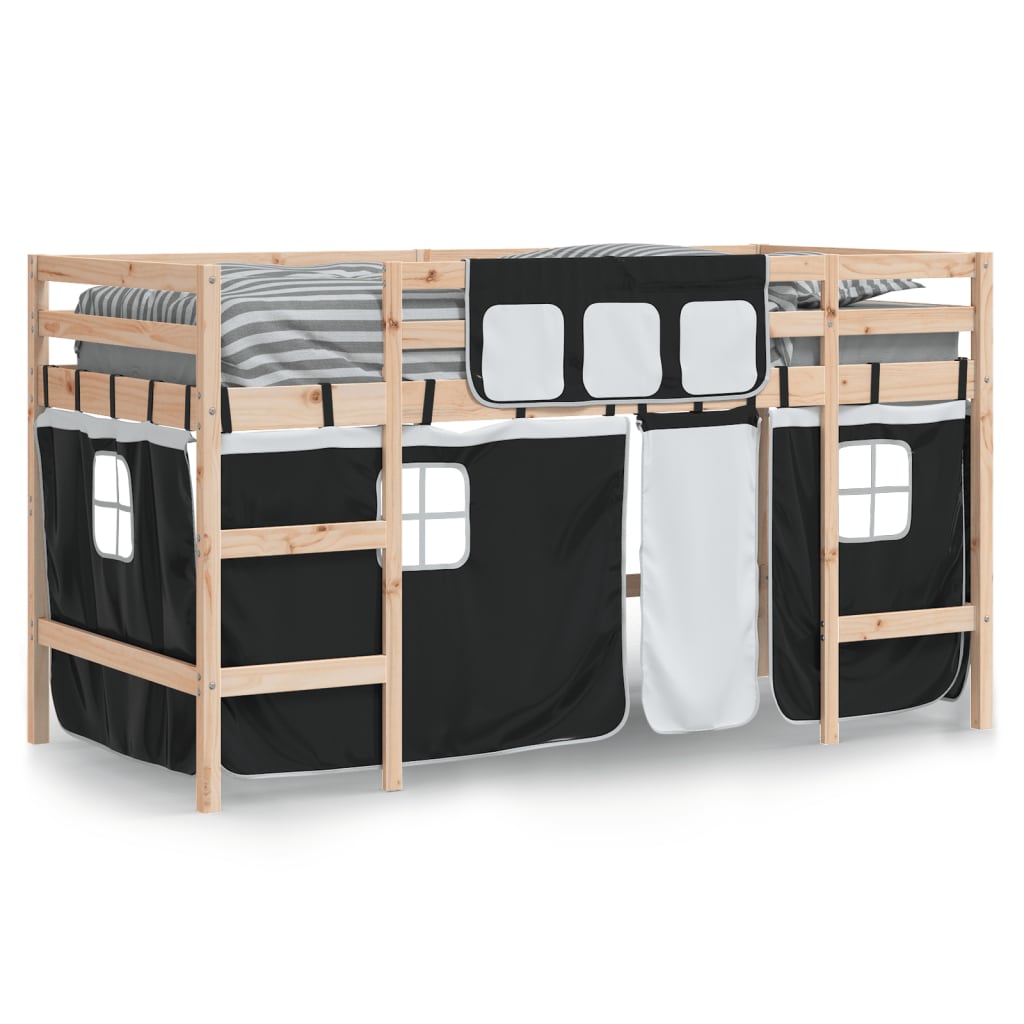 Letto a Soppalco con Tende Bambini Bianco e Nero 90x200 cm Pino