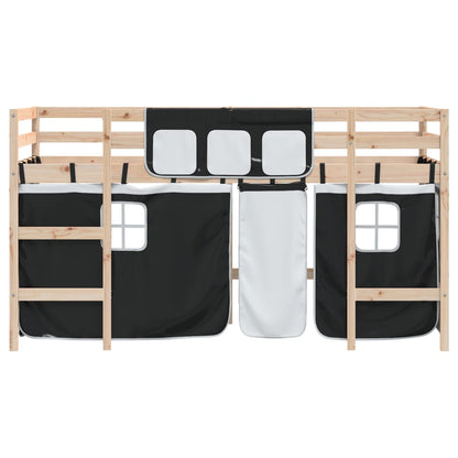 Letto a Soppalco con Tende Bambini Bianco e Nero 90x200 cm Pino