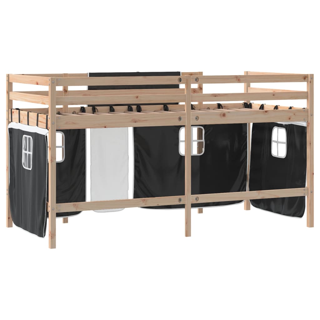 Loft Bed with Black and White Children's Curtains 90x200 cm Pine