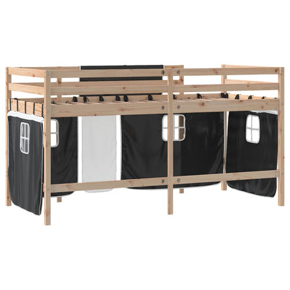 Letto a Soppalco con Tende Bambini Bianco e Nero 90x200 cm Pino