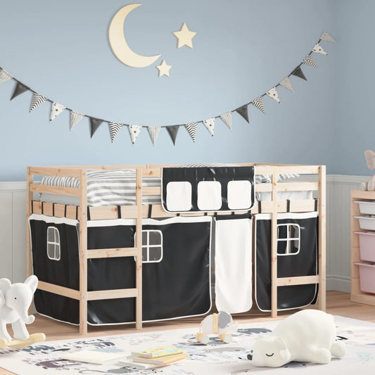 Letto a Soppalco con Tende Bambini Bianco e Nero 90x200 cm Pino