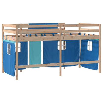 Letto a Soppalco con Tende Bambini Blu 90x200 cm Massello Pino - homemem39