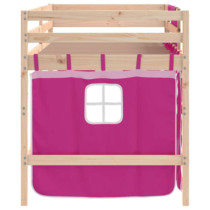 Letto a Soppalco con Tende Bambini Rosa 90x200 cm Massello Pino