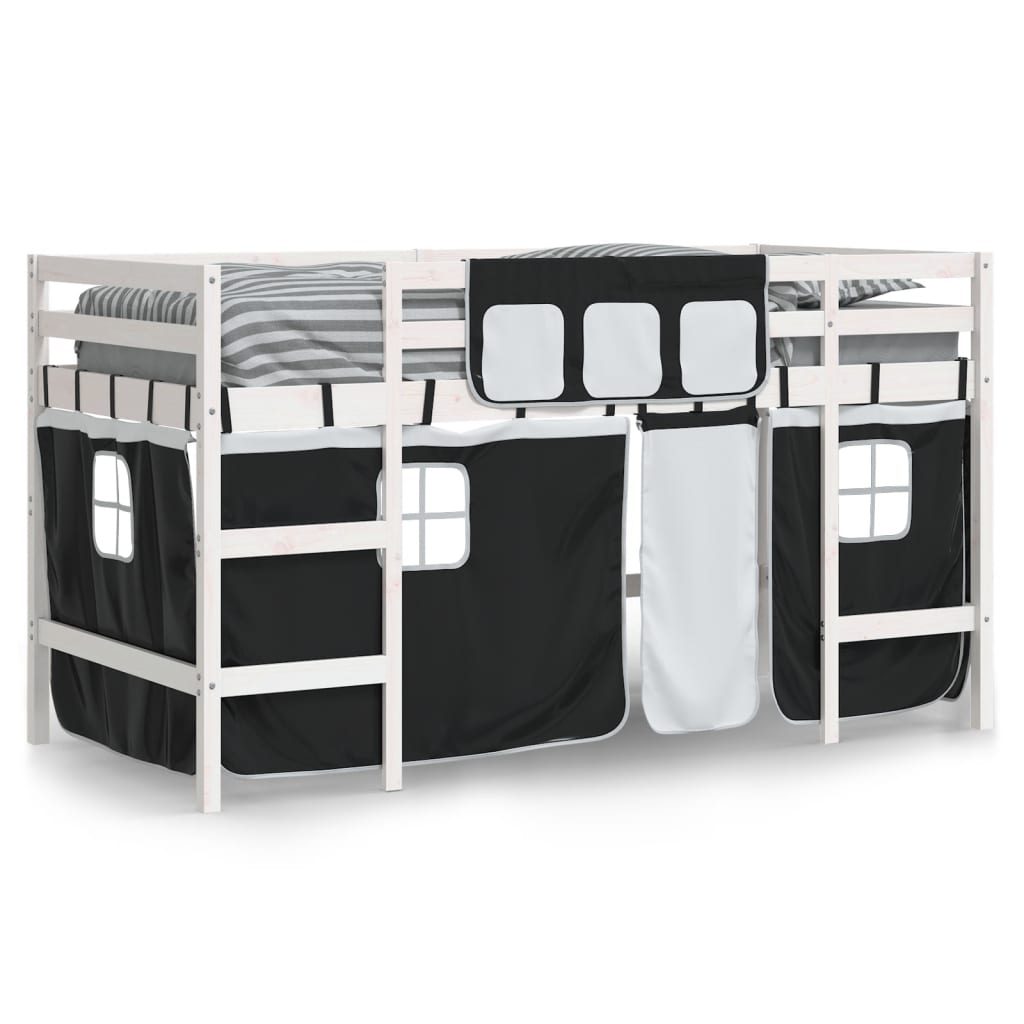 Loft Bed with Black and White Children's Curtains 90x200 cm Pine