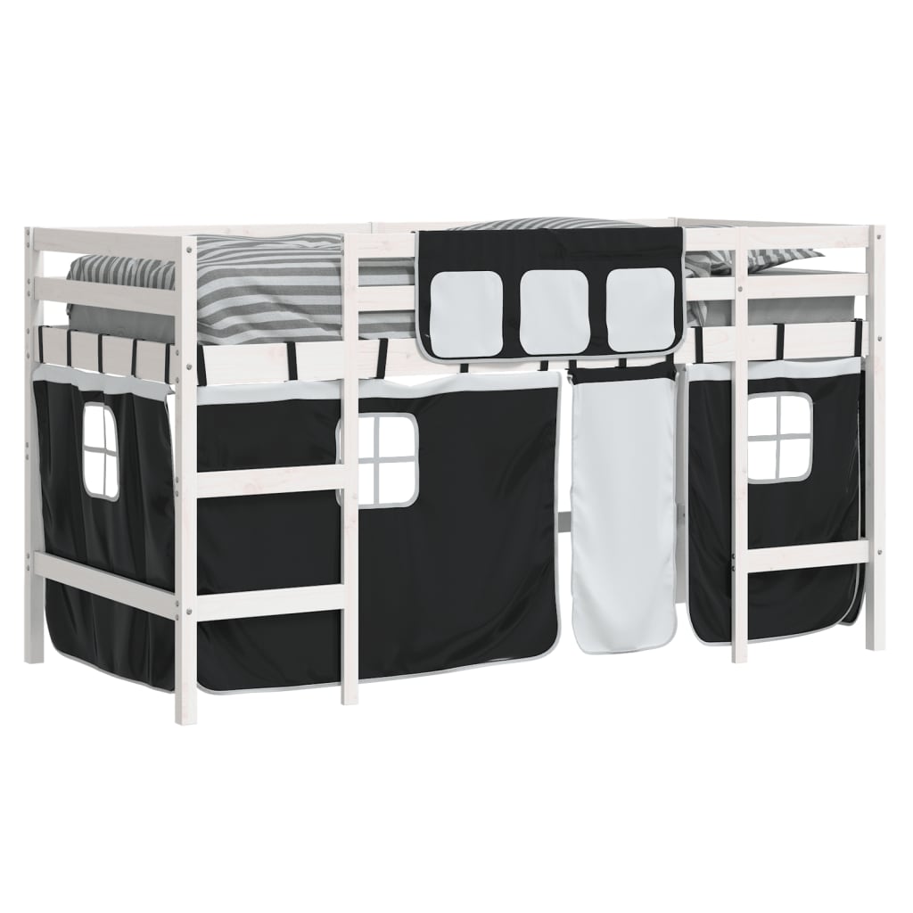 Loft Bed with Black and White Children's Curtains 90x200 cm Pine