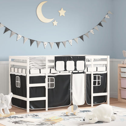 Loft Bed with Black and White Children's Curtains 90x200 cm Pine