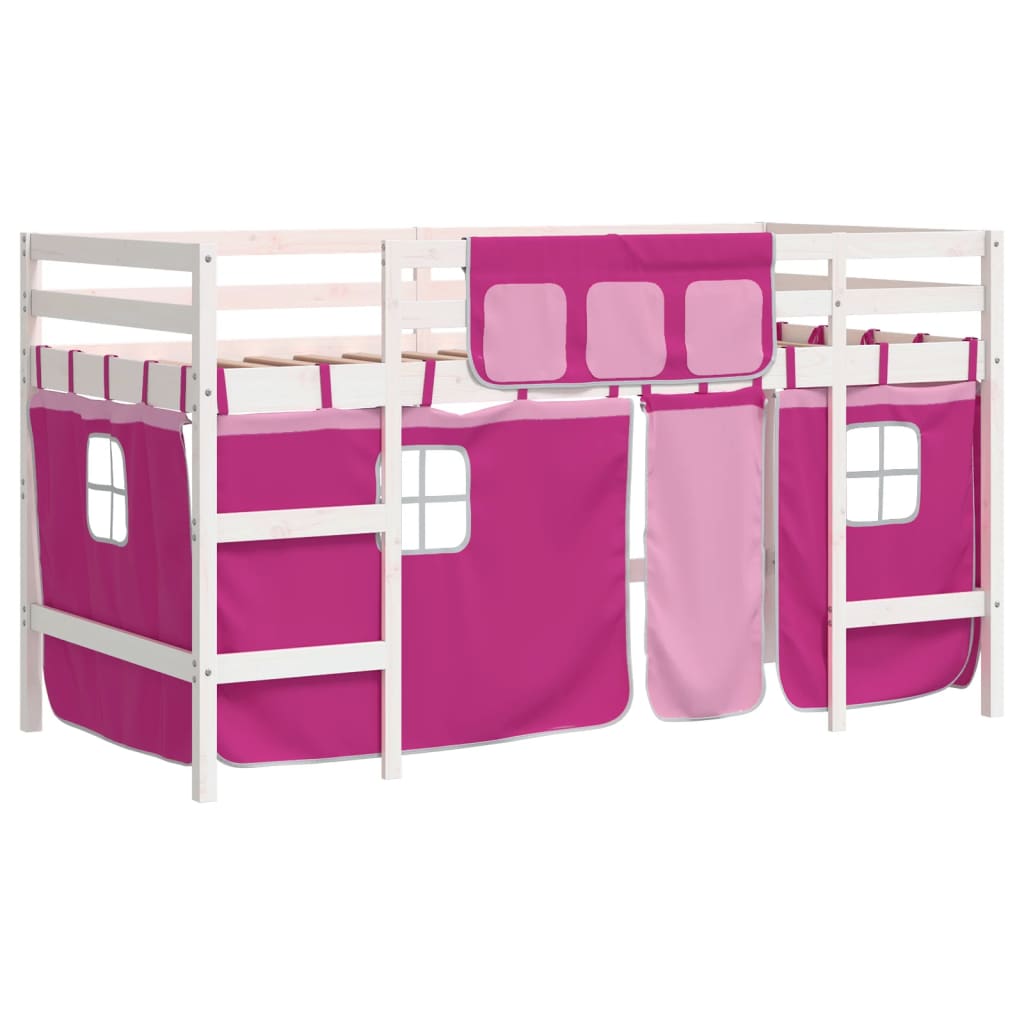 Letto a Soppalco con Tende Bambini Rosa 90x200 cm Massello Pino