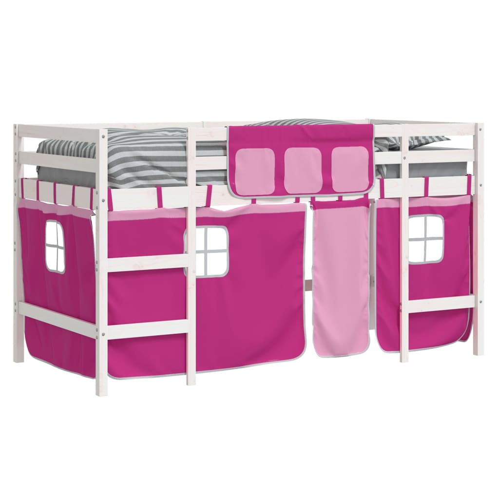 Letto a Soppalco con Tende Bambini Rosa 90x200 cm Massello Pino