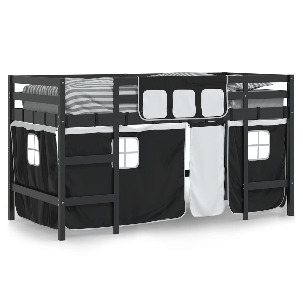 Letto a Soppalco con Tende Bambini Bianco e Nero 90x200 cm Pino