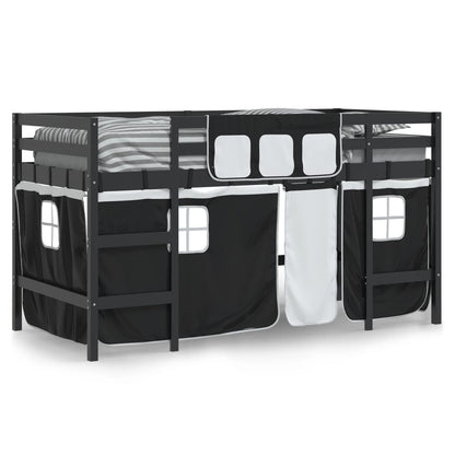 Letto a Soppalco con Tende Bambini Bianco e Nero 90x200 cm Pino