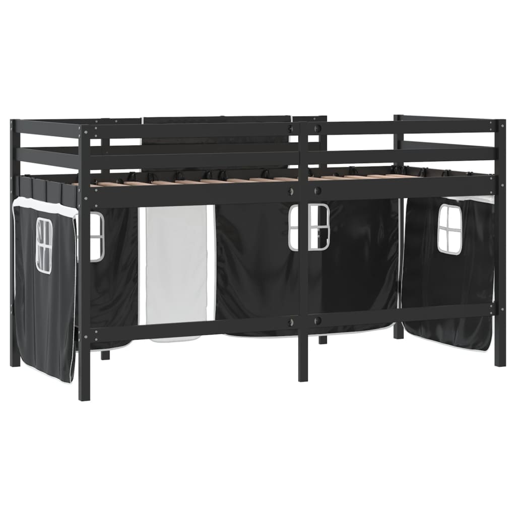 Letto a Soppalco con Tende Bambini Bianco e Nero 90x200 cm Pino