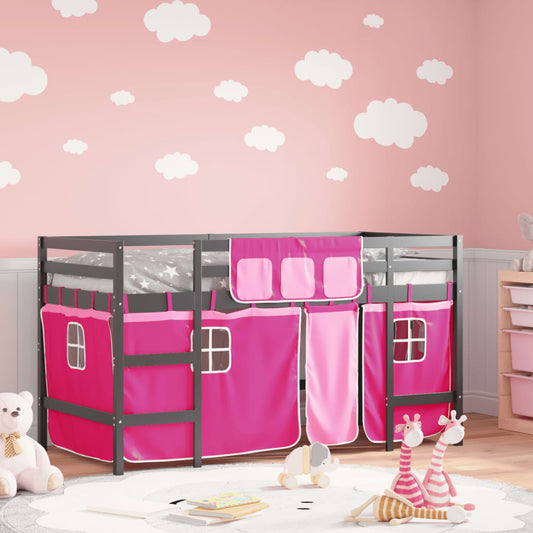 Loft Bed with Pink Children's Curtains 90x200 cm Solid Pine