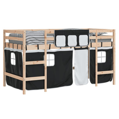 Letto a Soppalco Bambini con Tende Bianco e Nero 90x190 cm Pino