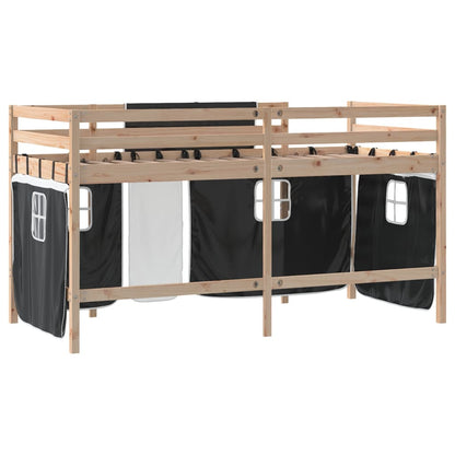 Letto a Soppalco Bambini con Tende Bianco e Nero 90x190 cm Pino