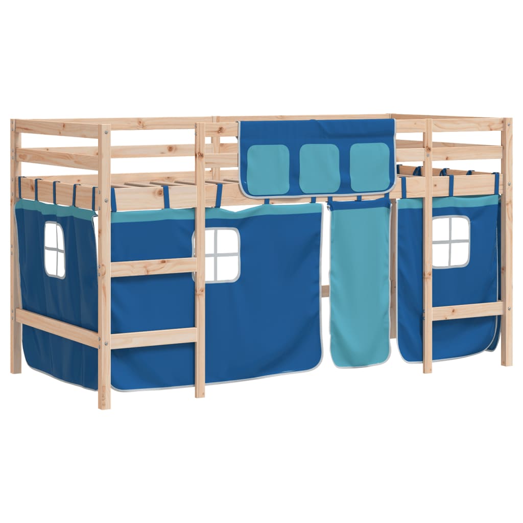 Letto a Soppalco Bambini con Tende Blu 90x190 cm Massello Pino - homemem39