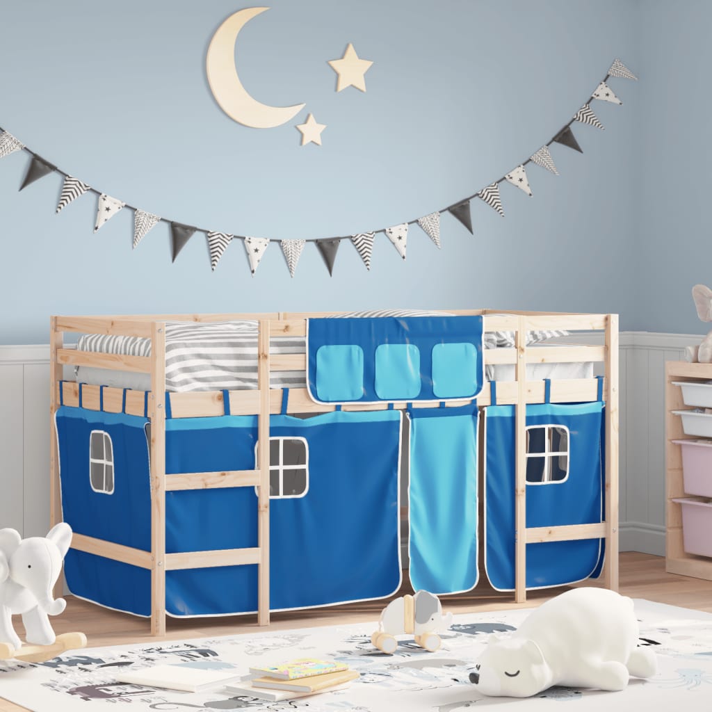 Letto a Soppalco Bambini con Tende Blu 90x190 cm Massello Pino - homemem39