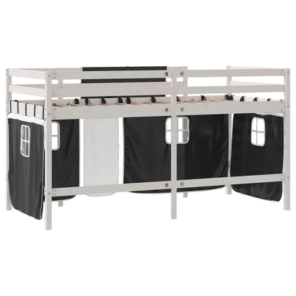 Letto a Soppalco Bambini con Tende Bianco e Nero 90x190 cm Pino