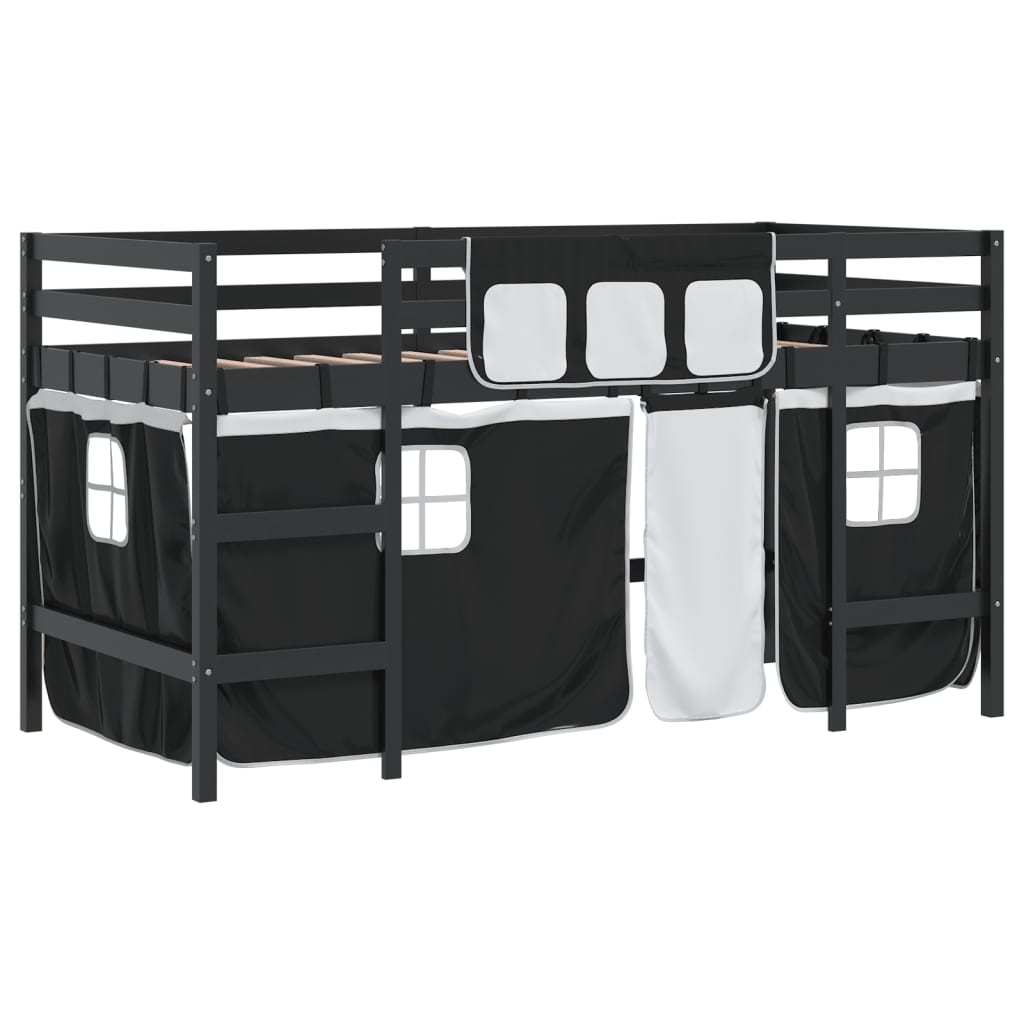 Children's Loft Bed with Black and White Curtains 90x190 cm Pine