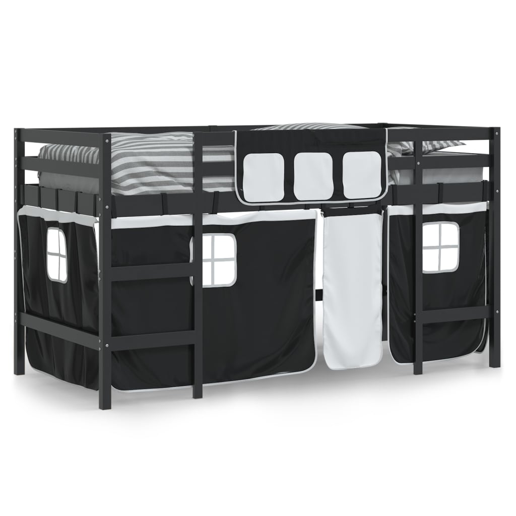 Letto a Soppalco Bambini con Tende Bianco e Nero 90x190 cm Pino