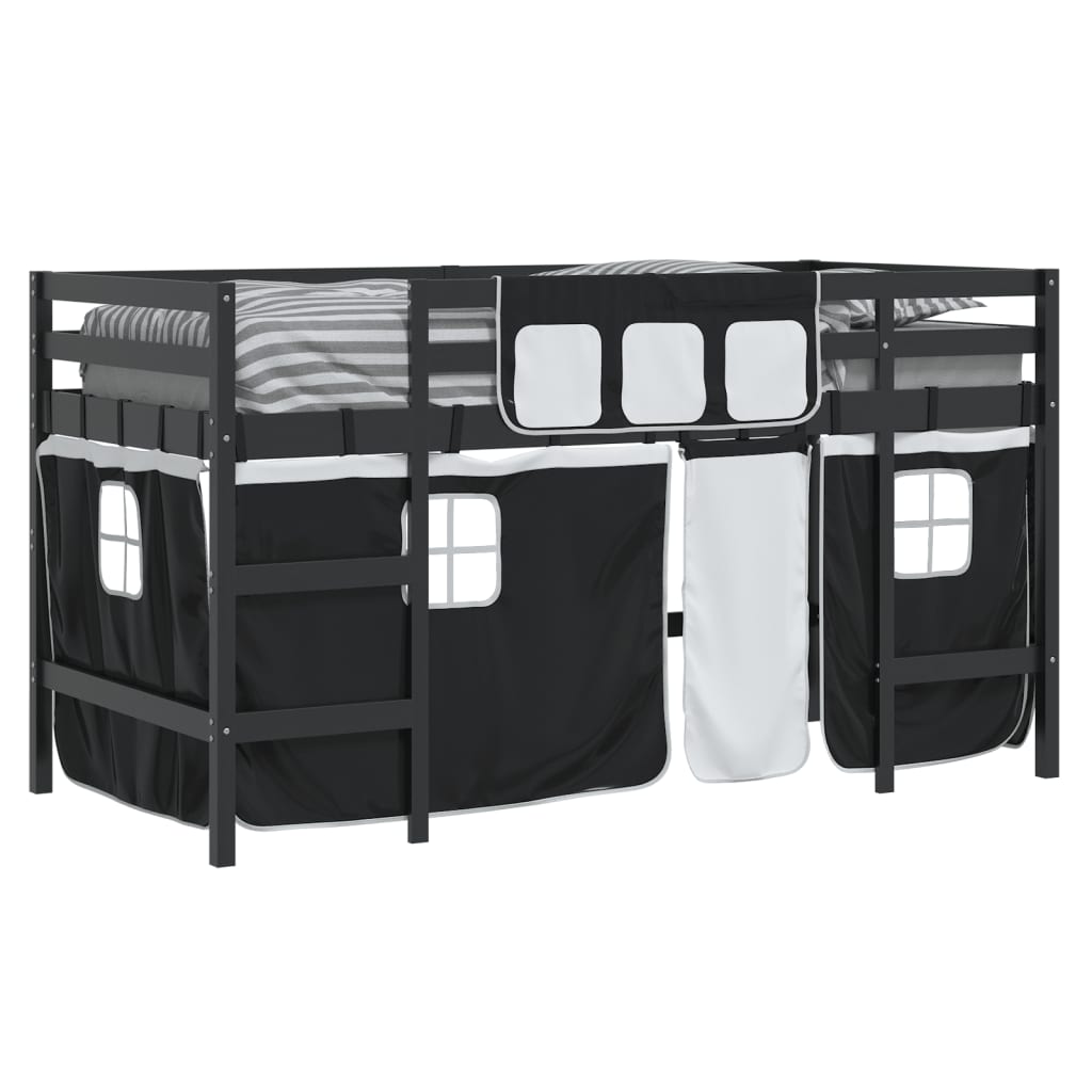 Letto a Soppalco Bambini con Tende Bianco e Nero 90x190 cm Pino