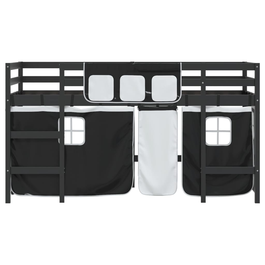 Letto a Soppalco Bambini con Tende Bianco e Nero 90x190 cm Pino