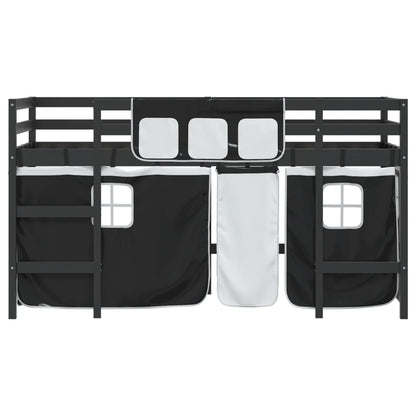 Letto a Soppalco Bambini con Tende Bianco e Nero 90x190 cm Pino