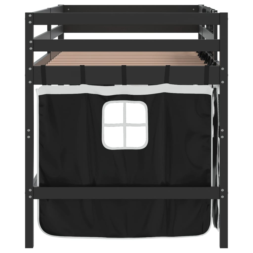 Children's Loft Bed with Black and White Curtains 90x190 cm Pine