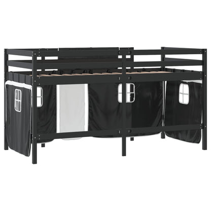 Children's Loft Bed with Black and White Curtains 90x190 cm Pine