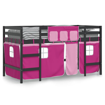 Letto a Soppalco con Tende Bambini Rosa 90x190 cm Massello Pino