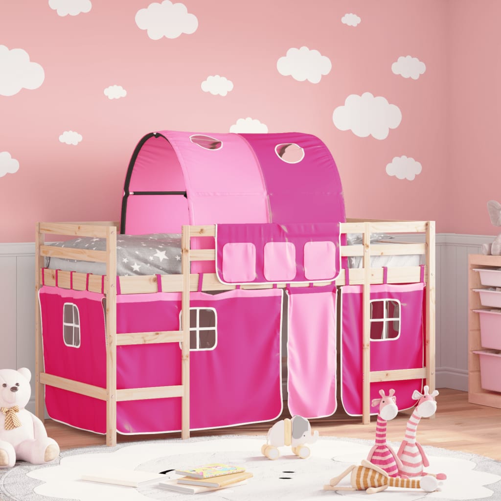 Letto a Soppalco con Tunnel Bambini Rosa 80x200cm Massello Pino - homemem39