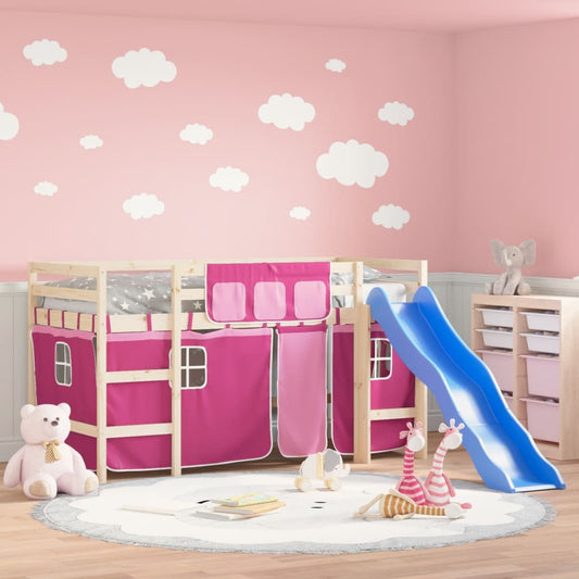 Loft Bed with Pink Children's Curtains 90x200 cm Solid Pine