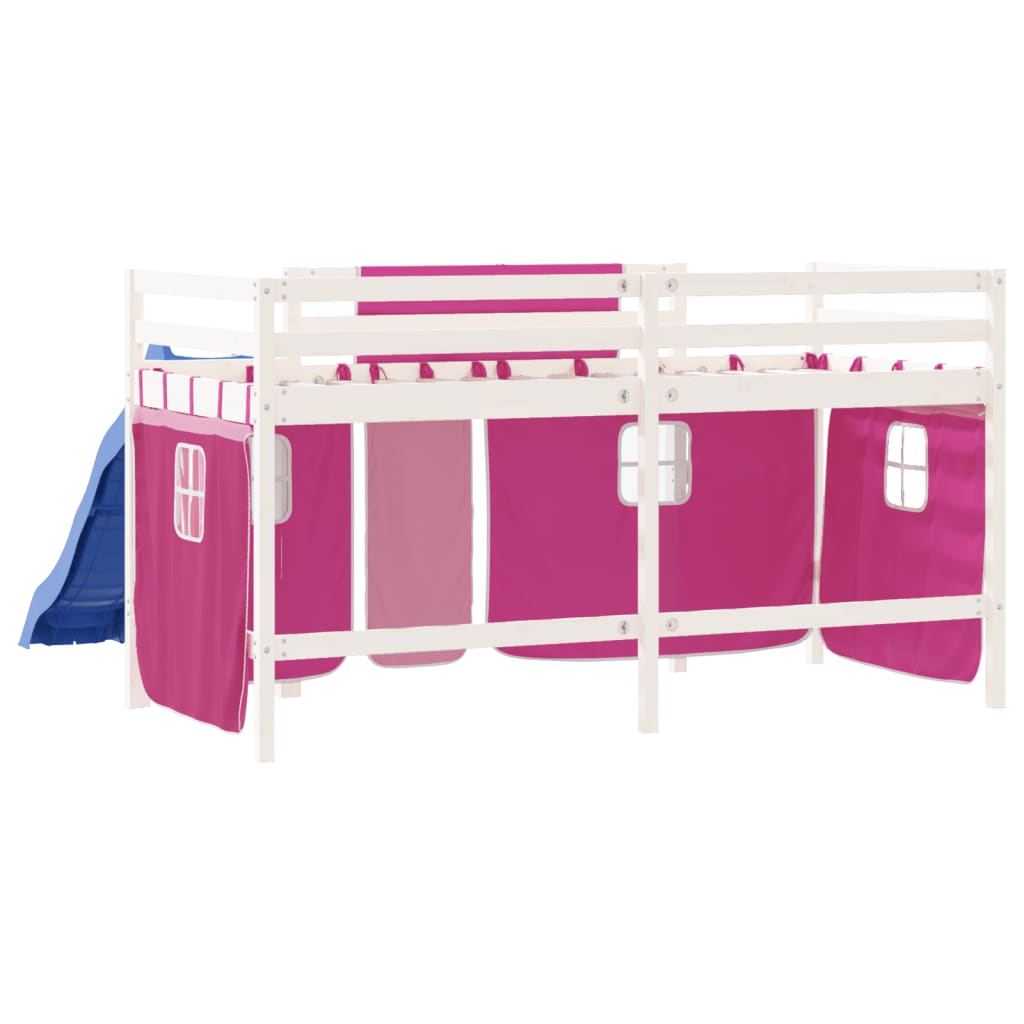 Letto a Soppalco con Tende Bambini Rosa 90x200 cm Massello Pino