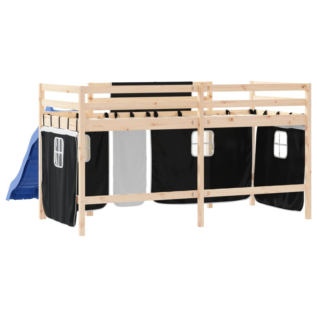 Letto a Soppalco Bambini con Tende Bianco e Nero 90x190 cm Pino