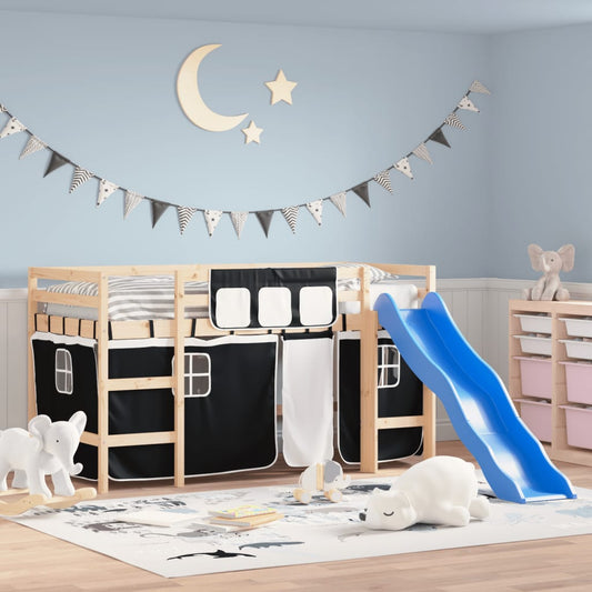 Children's Loft Bed with Black and White Curtains 90x190 cm Pine