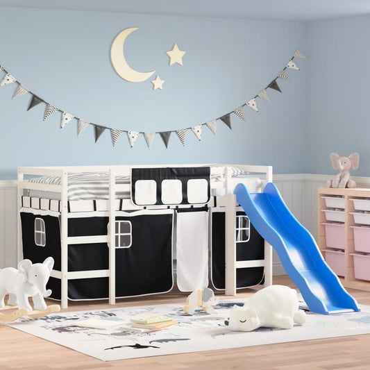 Children's Loft Bed with Black and White Curtains 90x190 cm Pine