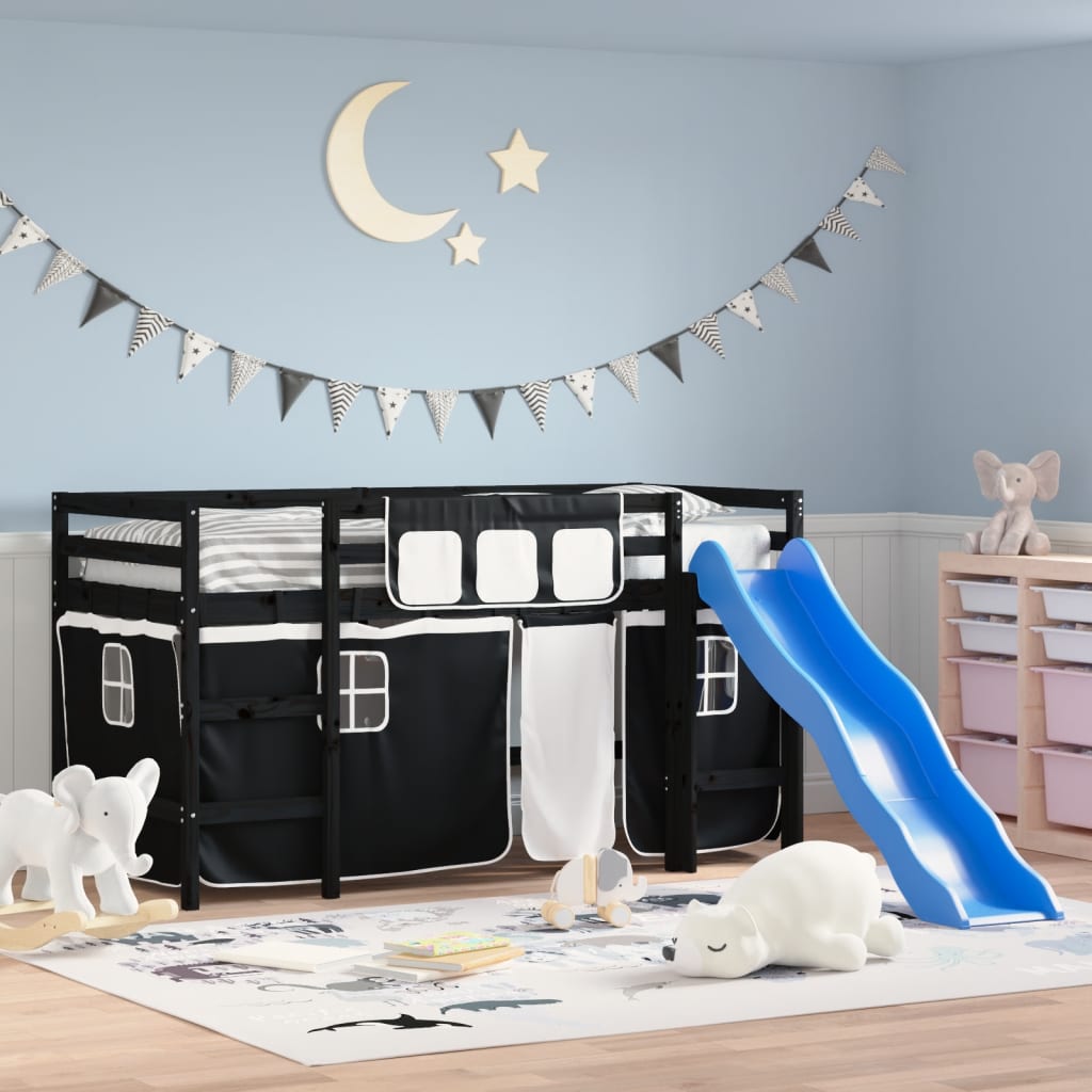 Children's Loft Bed with Black and White Curtains 90x190 cm Pine