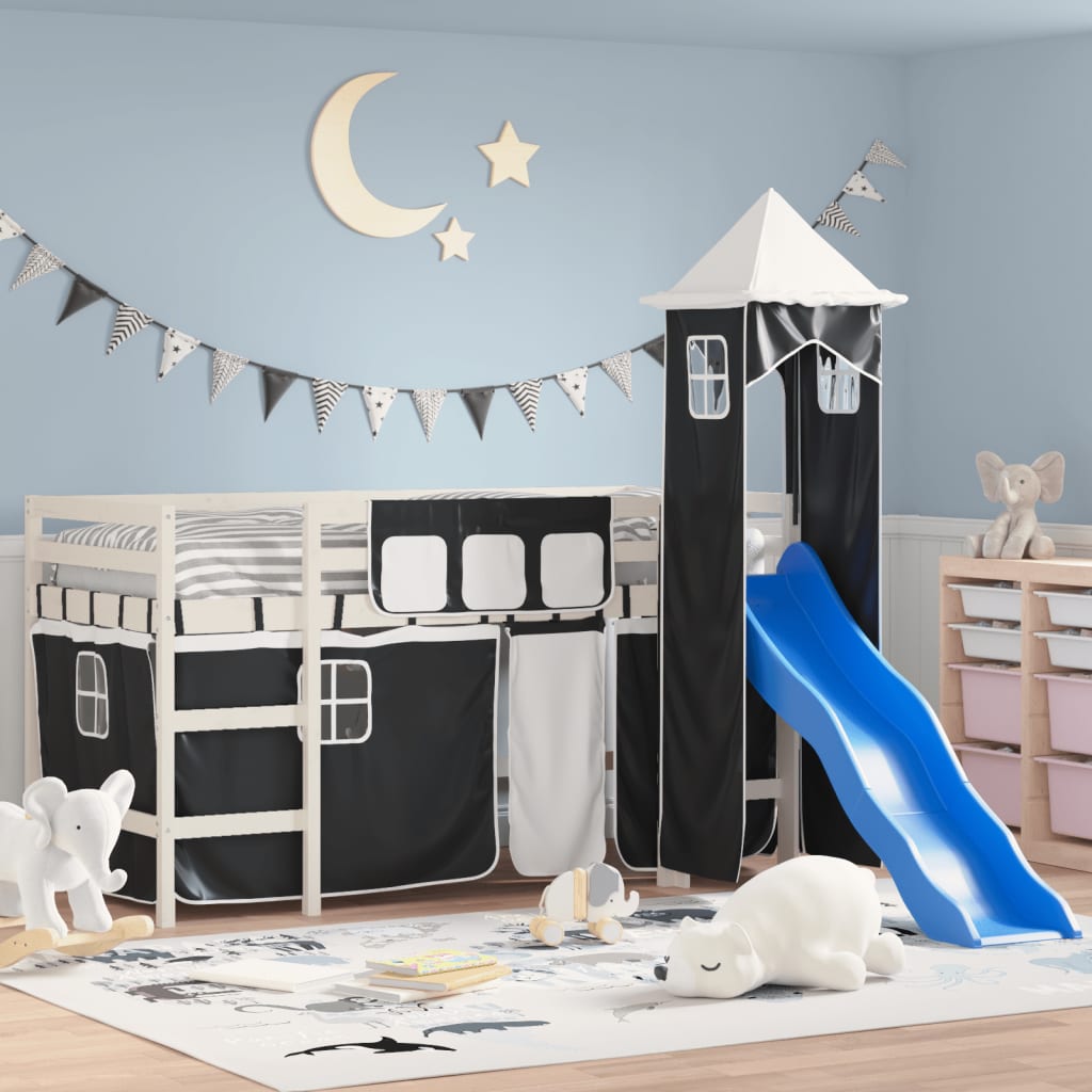 Letto a Soppalco con Torre Bambini Bianco e Nero 80x200cm Pino - homemem39