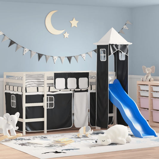 Letto a Soppalco con Torre Bambini Bianco e Nero 80x200cm Pino - homemem39