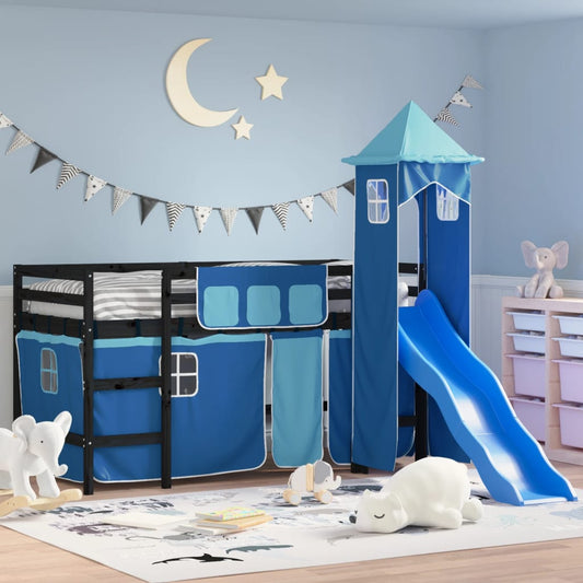 Letto a Soppalco con Torre Bambini Blu 80x200cm Massello Pino - homemem39
