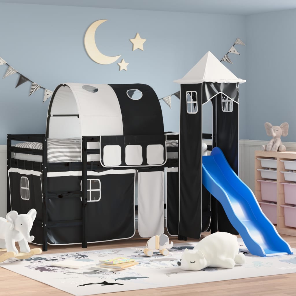 Letto a Soppalco con Torre Bambini Bianco e Nero 80x200cm Pino - homemem39
