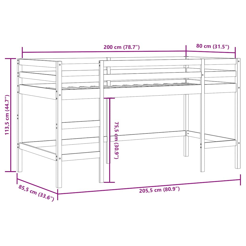 Letto Soppalco con Scala Bambini 80x200cm Massello Pino