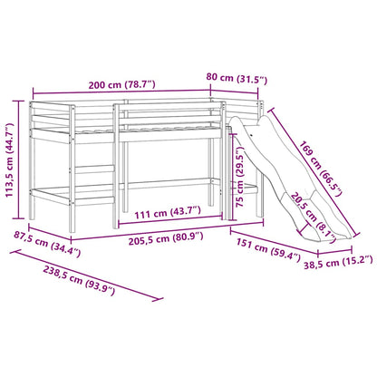 Letto Soppalco con Scivolo Bambini Nero 80x200cm Massello Pino - homemem39
