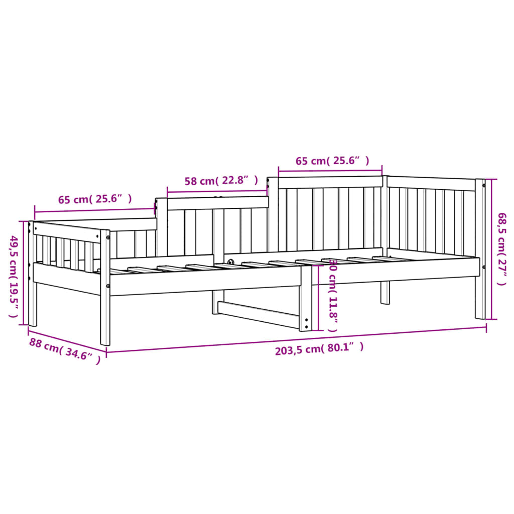 Dormeuse senza Materasso 80x200 cm in Legno Massello di Pino